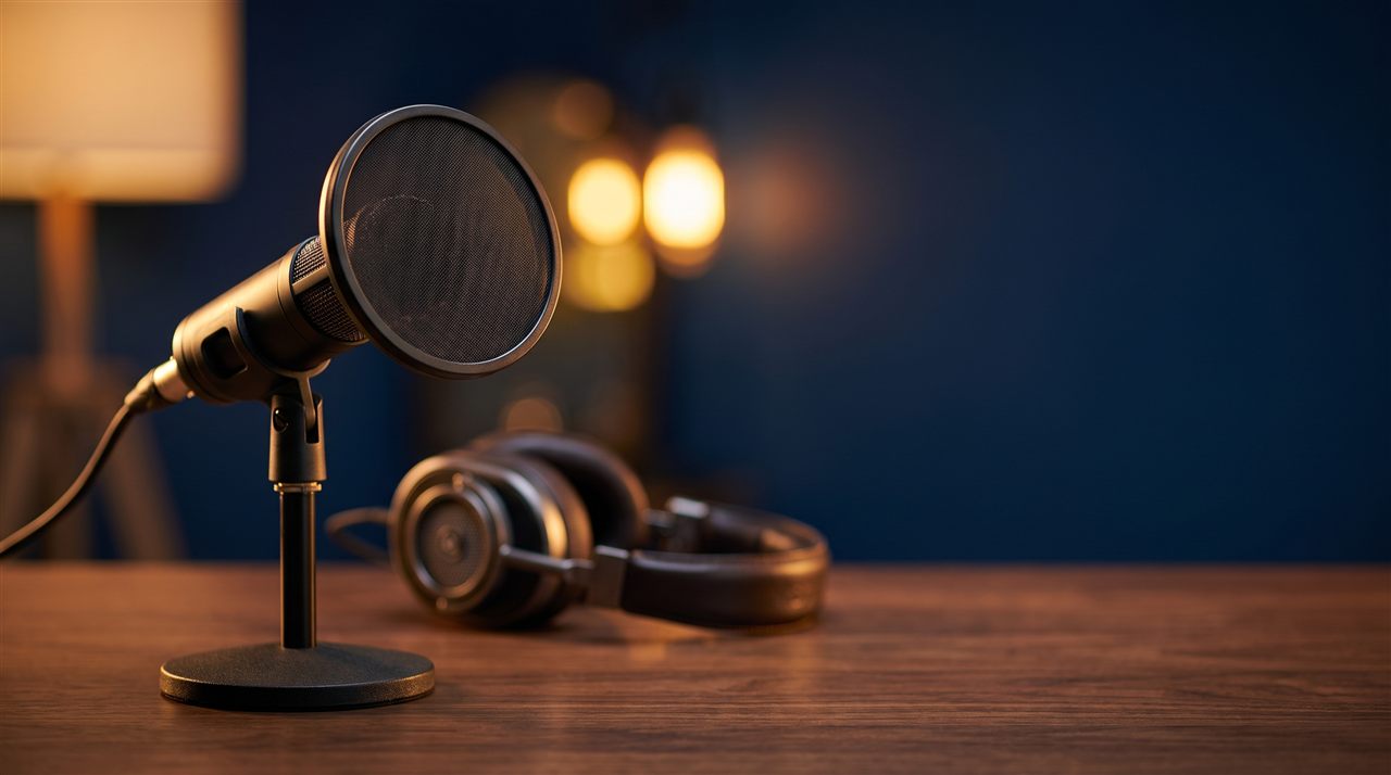 Estúdio de podcast com microfone profissional em tons de azul e dourado
